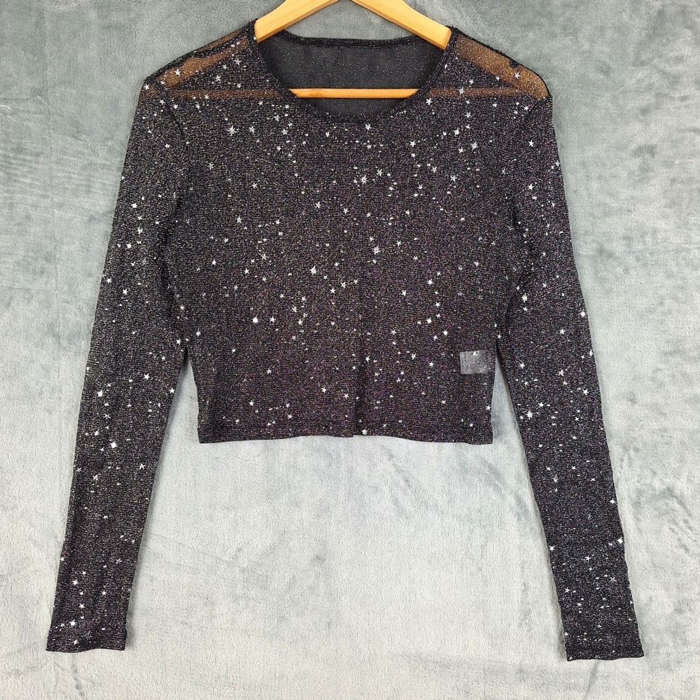 Womens Top XL Celestial Whimsigoth Sheer Mesh Ethereal Fairy Grunge Stars Crop